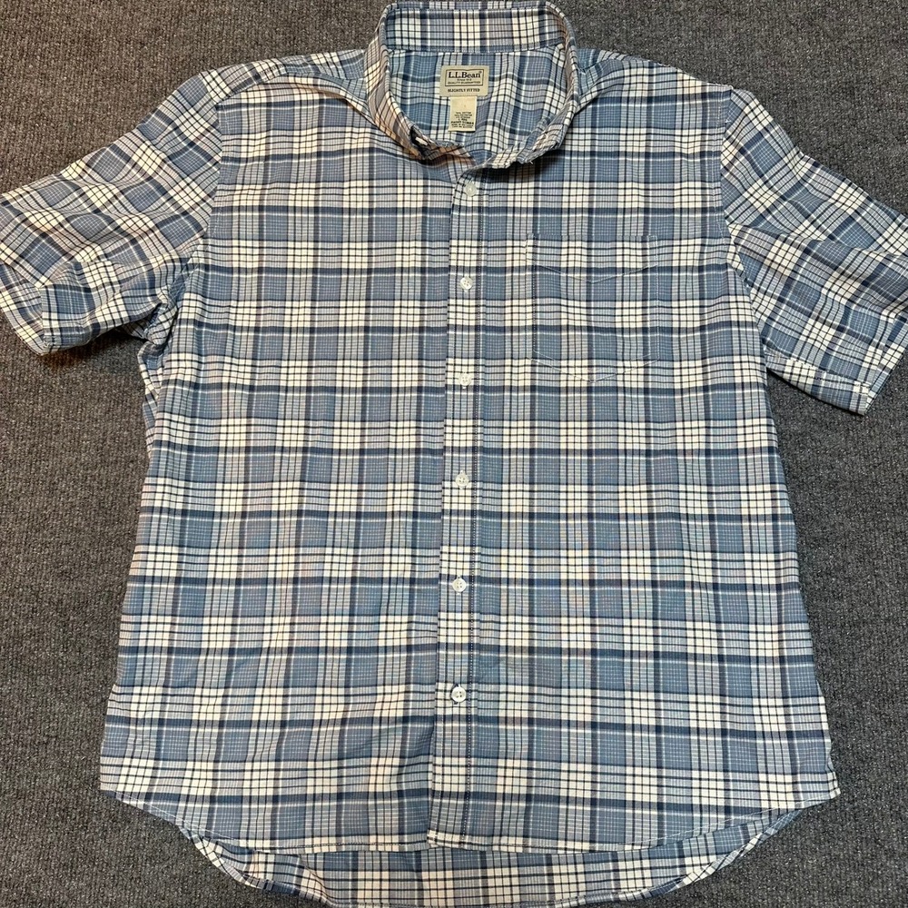 LL Bean Mens Large Blue Plaid Button Down Shirt Slightly Fitted L-REG